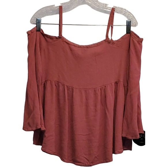 Rue 21 Flowy Pink Cold Shoulder Lace Accents Bell Sleeves Shirt Size Small - Picture 4 of 6